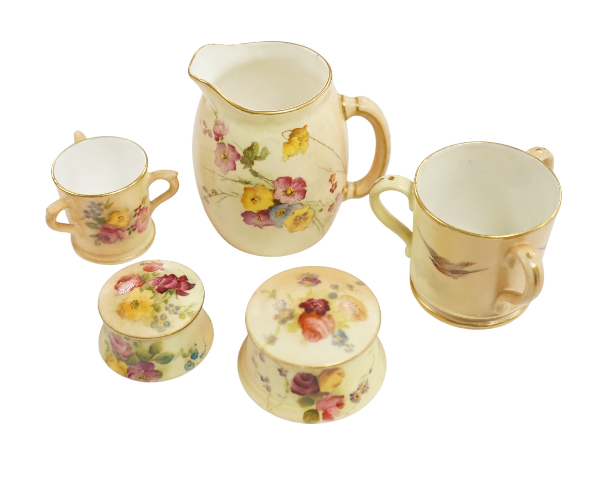 Thirteen Worcester miniature cabinet pots and jugs including floral blush ivory examples, largest 7cm high. Condition - mostly fair to good